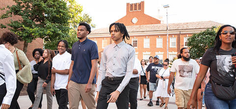Students walking together on campus