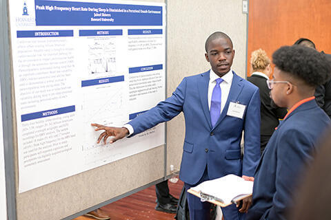 Student giving a presentation on a school project at an academic fair